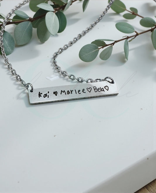 Handwritten Engraved Silver Rectangle Bar Necklace